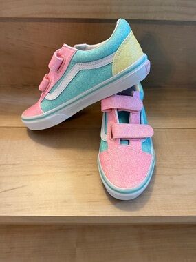 Never worn, Vans girls Glitter Velcro Sneakers - Pink, Teal & Yellow